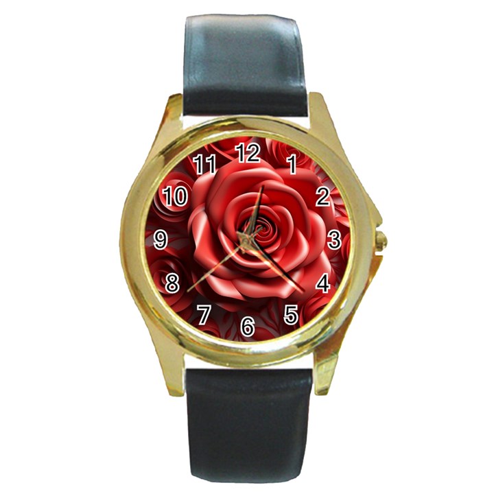 Roses Flowers Plant Round Gold Metal Watch