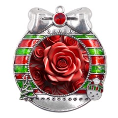 Roses Flowers Plant Metal X mas Ribbon With Red Crystal Round Ornament by Ravend