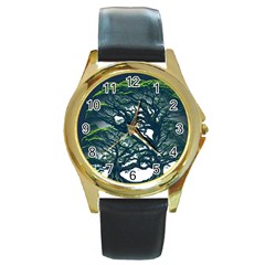 Tree Leaf Green Forest Wood Natural Nature Round Gold Metal Watch by Ravend