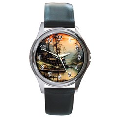 Fantasy Landscape Foggy Mysterious Round Metal Watch by Ravend