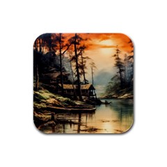 Fantasy Landscape Foggy Mysterious Rubber Square Coaster (4 Pack) by Ravend