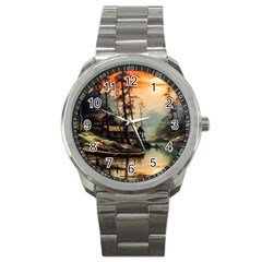 Fantasy Landscape Foggy Mysterious Sport Metal Watch by Ravend