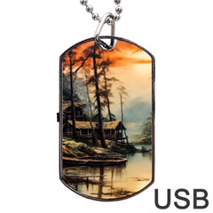 Fantasy Landscape Foggy Mysterious Dog Tag Usb Flash (two Sides) by Ravend