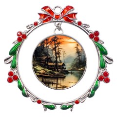 Fantasy Landscape Foggy Mysterious Metal X mas Wreath Ribbon Ornament