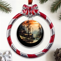 Fantasy Landscape Foggy Mysterious Metal Red Ribbon Round Ornament