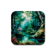 River Stream Flower Nature Rubber Square Coaster (4 Pack) by Ravend