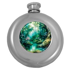 River Stream Flower Nature Round Hip Flask (5 Oz)