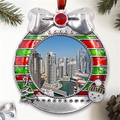 Building Sea Architecture Marina Metal X mas Ribbon With Red Crystal Round Ornament by Ravend