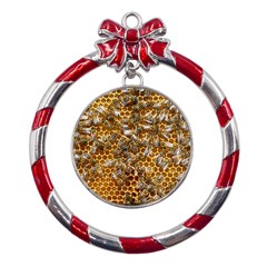 Honey Bee Bees Insect Metal Red Ribbon Round Ornament by Ravend