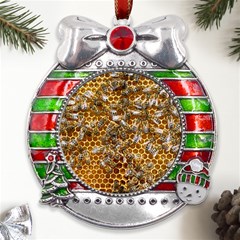 Honey Bee Bees Insect Metal X mas Ribbon With Red Crystal Round Ornament