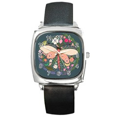 Bug Nature Flower Dragonfly Square Metal Watch by Ravend