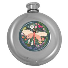 Bug Nature Flower Dragonfly Round Hip Flask (5 Oz) by Ravend