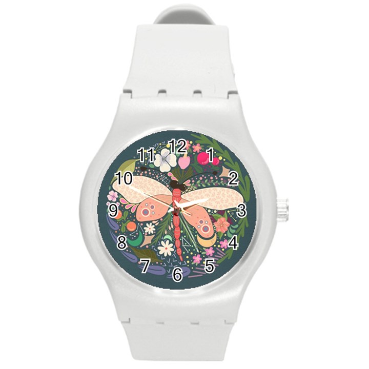 Bug Nature Flower Dragonfly Round Plastic Sport Watch (M)