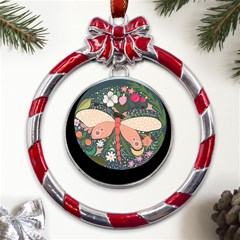 Bug Nature Flower Dragonfly Metal Red Ribbon Round Ornament