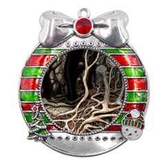 Tree Nature Landscape Forest Metal X mas Ribbon With Red Crystal Round Ornament