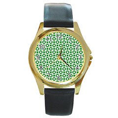 Mazipoodles Green White Donuts Polka Dot  Round Gold Metal Watch by Mazipoodles