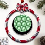 Mazipoodles Green White Donuts Polka Dot  Metal Red Ribbon Round Ornament Front