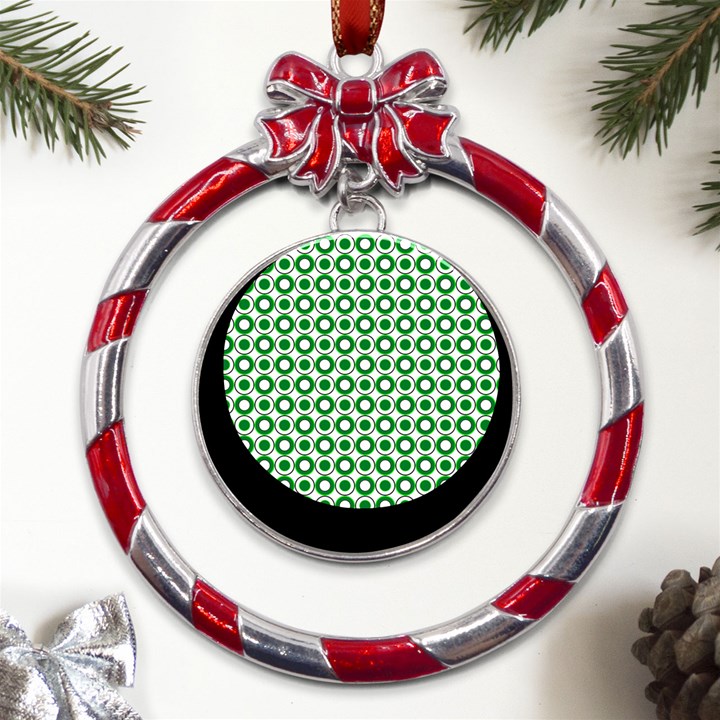 Mazipoodles Green White Donuts Polka Dot  Metal Red Ribbon Round Ornament