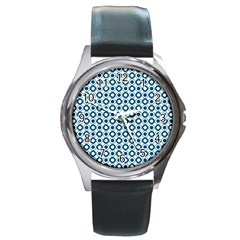 Mazipoodles Dusty Duck Egg Blue White Donuts Polka Dot Round Metal Watch by Mazipoodles