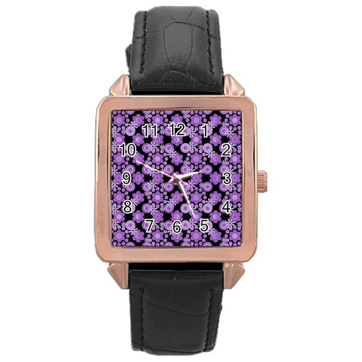 Bitesize Flowers Pearls And Donuts Lilac Black Rose Gold Leather Watch 