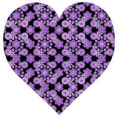 Bitesize Flowers Pearls And Donuts Lilac Black Wooden Puzzle Heart by Mazipoodles