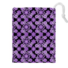 Bitesize Flowers Pearls And Donuts Lilac Black Drawstring Pouch (5xl) by Mazipoodles