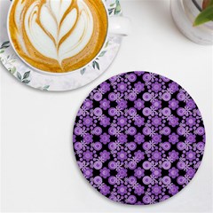 Bitesize Flowers Pearls And Donuts Lilac Black Uv Print Round Tile Coaster by Mazipoodles