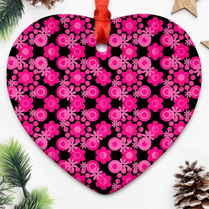 Bitesize Flowers Pearls And Donuts Fuchsia Black Ornament (Heart)