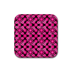 Bitesize Flowers Pearls And Donuts Fuchsia Black Rubber Coaster (square) by Mazipoodles