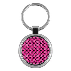 Bitesize Flowers Pearls And Donuts Fuchsia Black Key Chain (round) by Mazipoodles