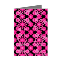 Bitesize Flowers Pearls And Donuts Fuchsia Black Mini Greeting Card by Mazipoodles