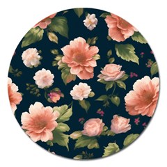 Wallpaper-with-floral-pattern-green-leaf Magnet 5  (round) by designsbymallika