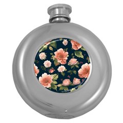 Wallpaper-with-floral-pattern-green-leaf Round Hip Flask (5 Oz) by designsbymallika