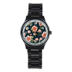 Wallpaper-with-floral-pattern-green-leaf Stainless Steel Round Watch by designsbymallika