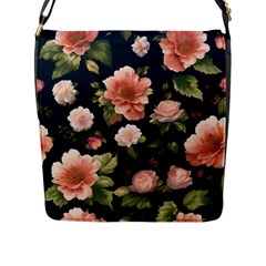 Wallpaper-with-floral-pattern-green-leaf Flap Closure Messenger Bag (l) by designsbymallika