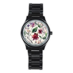 Floral Pattern Stainless Steel Round Watch by designsbymallika