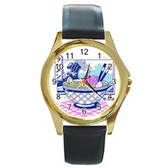 Ramen Kanji Vaporwave Artwork Minimalism Round Gold Metal Watch by Bangk1t