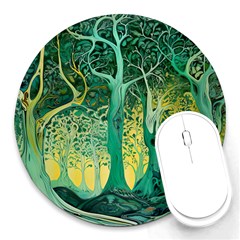 Nature Trees Forest Mystical Forest Jungle Round Mousepad by Ravend