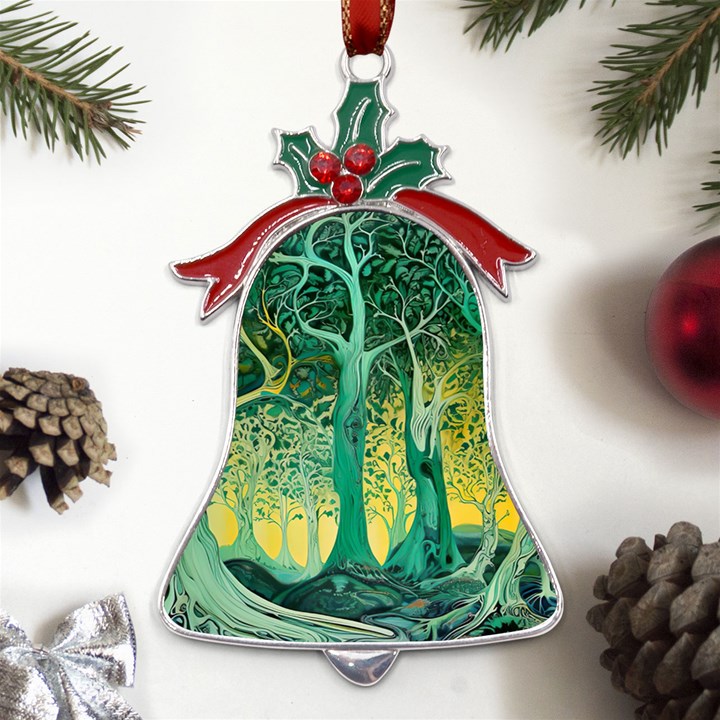 Nature Trees Forest Mystical Forest Jungle Metal Holly Leaf Bell Ornament