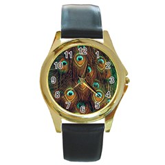 Peacock Feathers Round Gold Metal Watch by Ravend