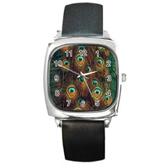 Peacock Feathers Square Metal Watch by Ravend