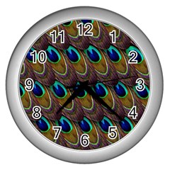 Peacock-feathers-bird-plumage Wall Clock (silver) by Ravend