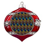 Peacock-feathers-bird-plumage Metal Snowflake And Bell Red Ornament Front