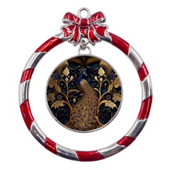 Peacock Plumage Bird Decorative Pattern Graceful Metal Red Ribbon Round Ornament by Ravend