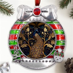 Peacock Plumage Bird Decorative Pattern Graceful Metal X mas Ribbon With Red Crystal Round Ornament by Ravend