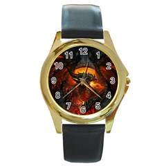 Dragon Art Fire Digital Fantasy Round Gold Metal Watch by Celenk