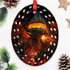 Dragon Art Fire Digital Fantasy Oval Filigree Ornament (two Sides)