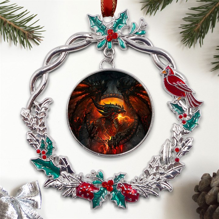 Dragon Art Fire Digital Fantasy Metal X mas Wreath Holly leaf Ornament