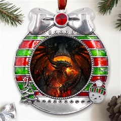 Dragon Art Fire Digital Fantasy Metal X mas Ribbon With Red Crystal Round Ornament by Celenk