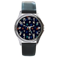 Blue Background Cute Airplanes Round Metal Watch by ConteMonfrey